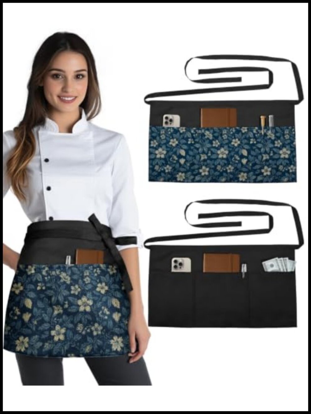 Reversible Waitress Apron 6 Deep Pockets Polyester Waist Tie